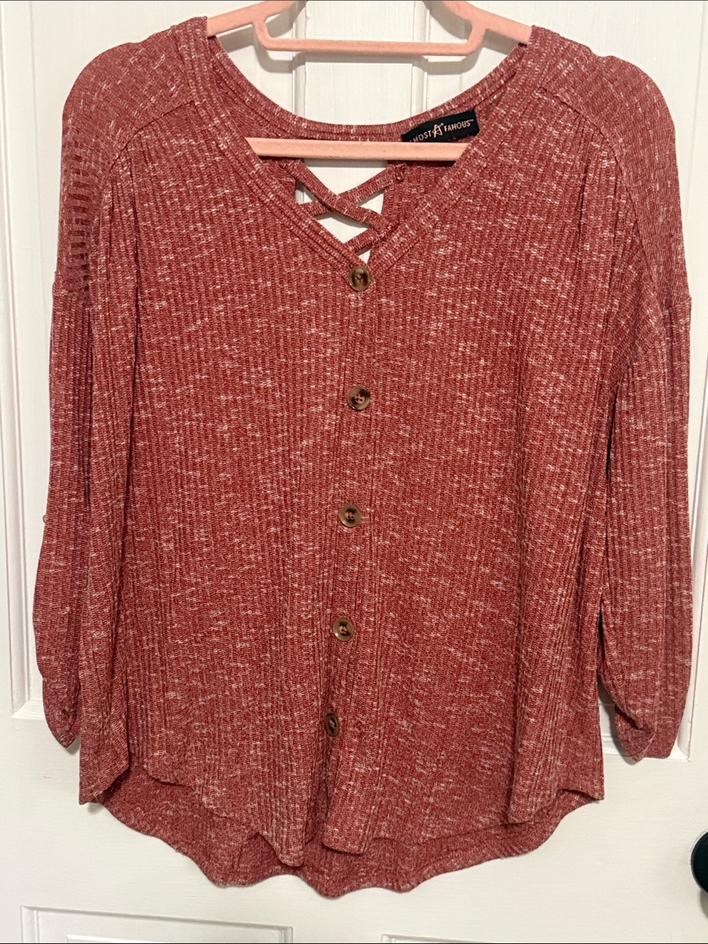 Almost Famous Rust Marled Button-Front Knit Top with Crisscross Neck